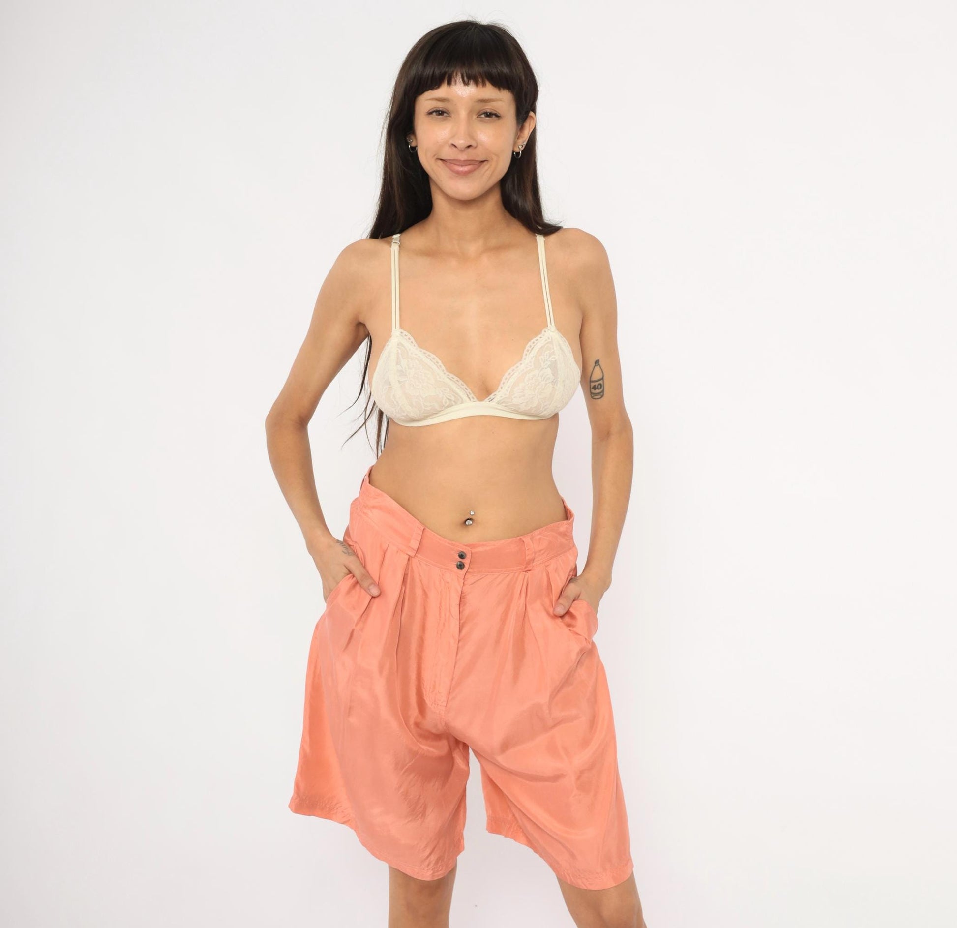 90s Forenza Silk Bermuda Shorts Peach Pleated High Waist Small S