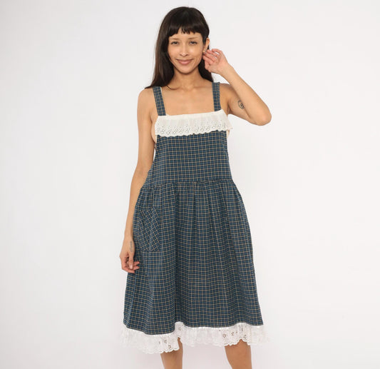 80s Navy Tan Plaid Pinafore Sundress Cotton Eyelet Lace Knee Medium