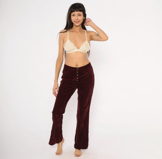 70s Burgundy Crushed Velvet Flare Pants Embroidered Low Rise Medium M