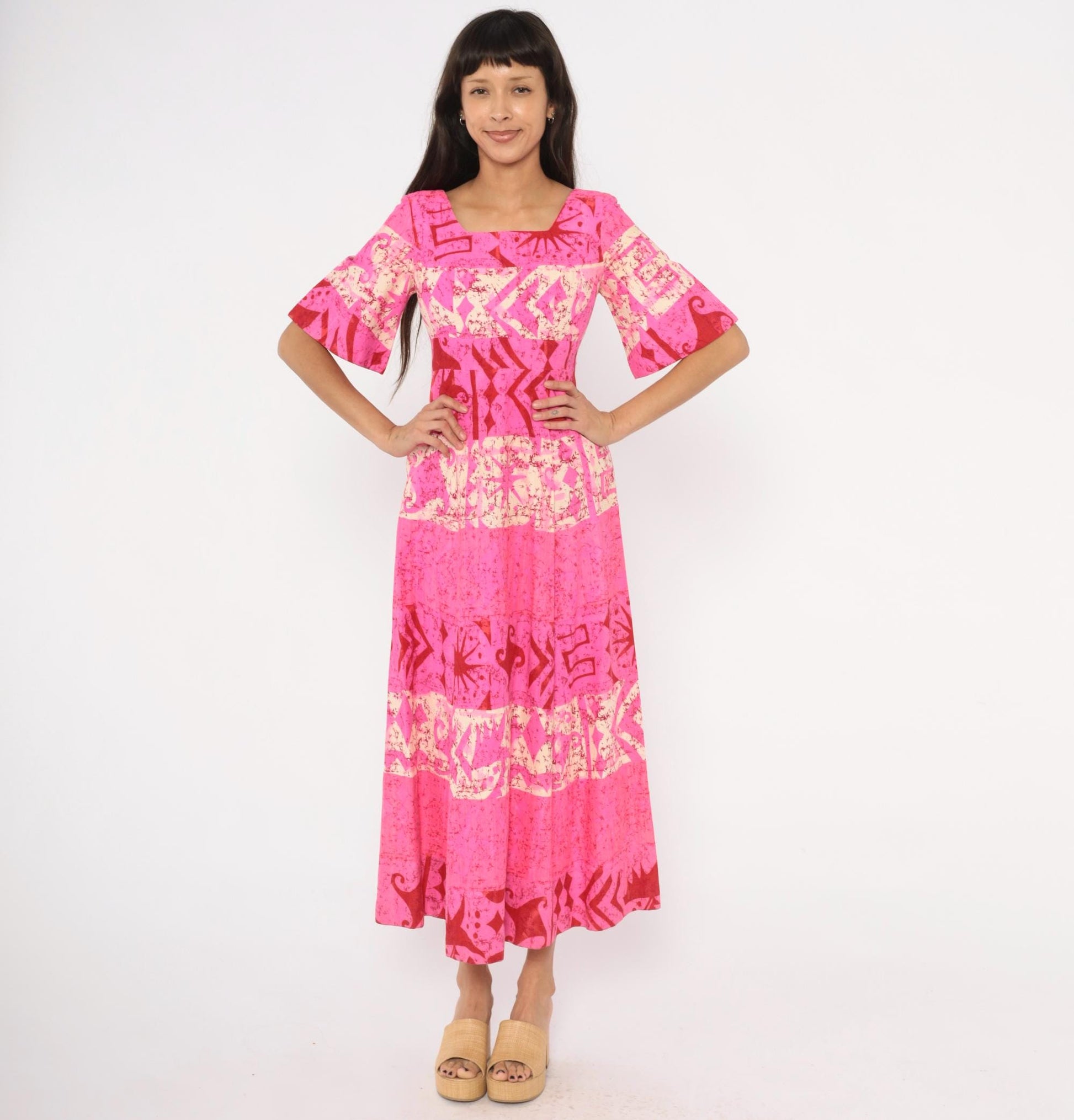 70s Holiday Sportswear Hot Pink Batik Maxi Dress Bell Sleeve Square Neck XS