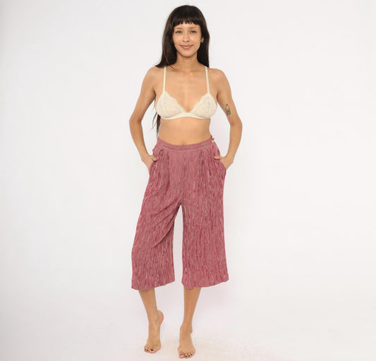 80s Leslie Fay Burgundy Striped Pleated Culottes Wide Leg Cropped Medium