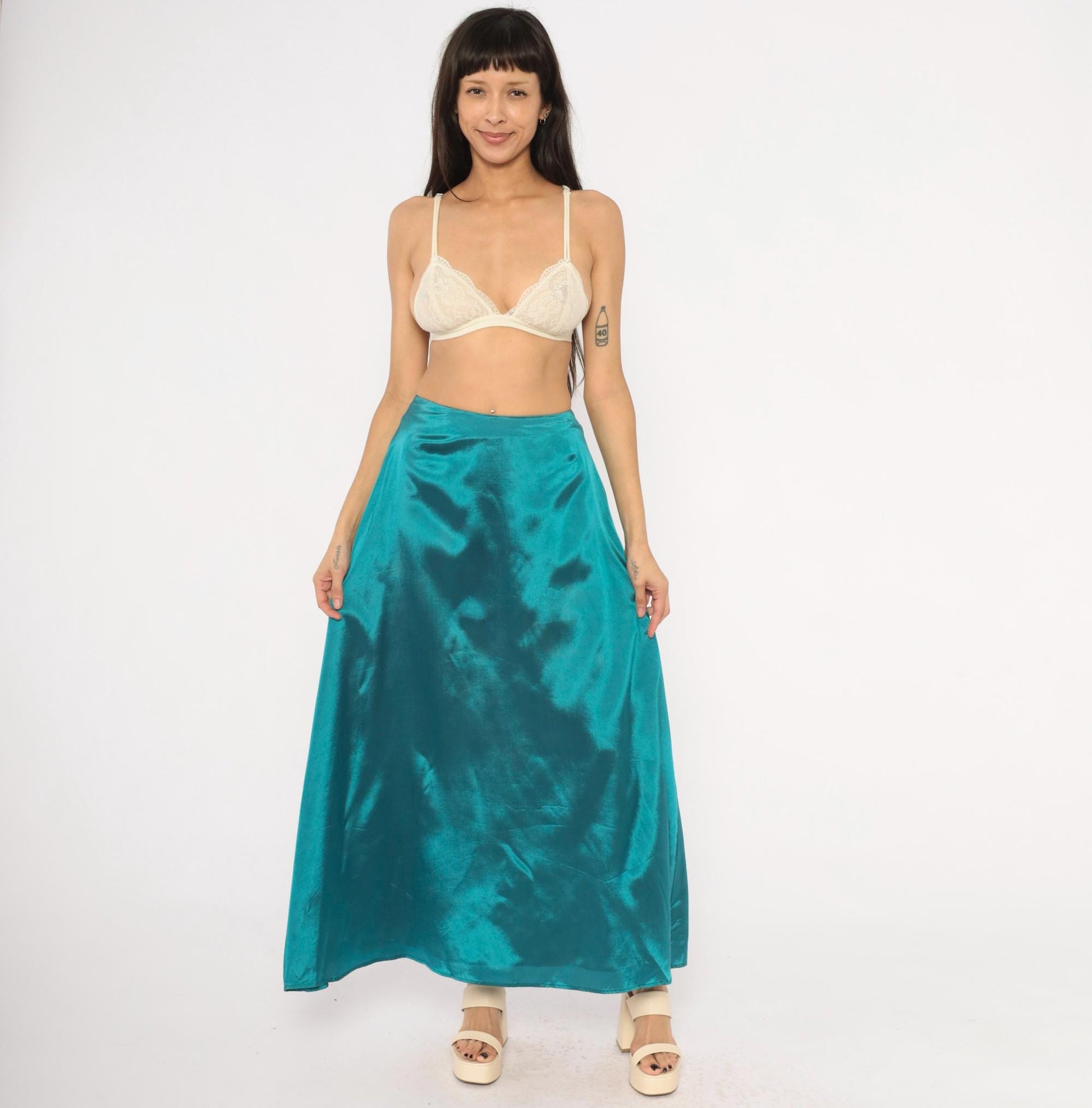 90s Star CCC Teal Satin A-Line Maxi Skirt High Waist Small S