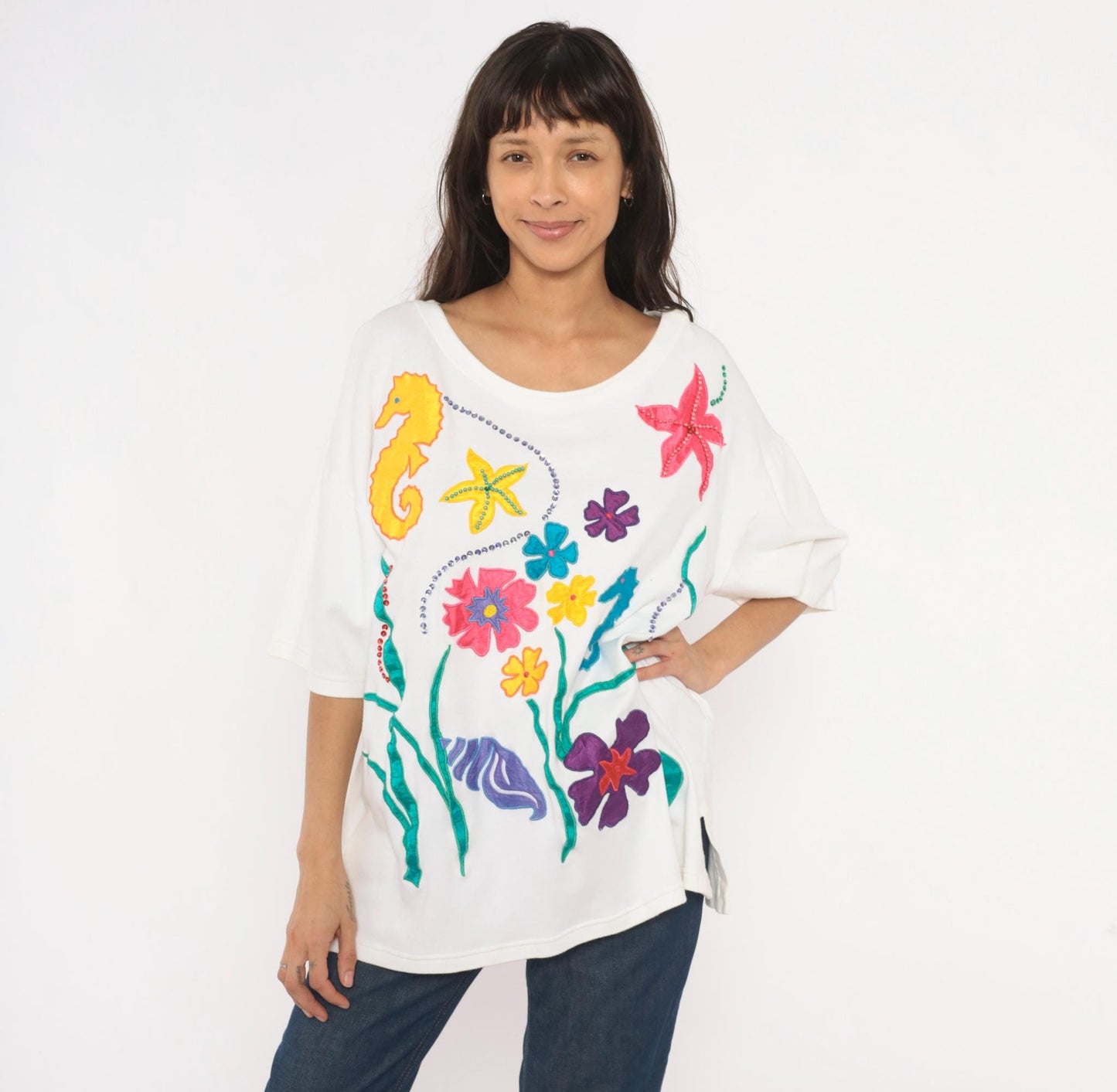 90s Extra-Touch Ocean Appliqué Tee Seahorse Starfish Rhinestone White XL