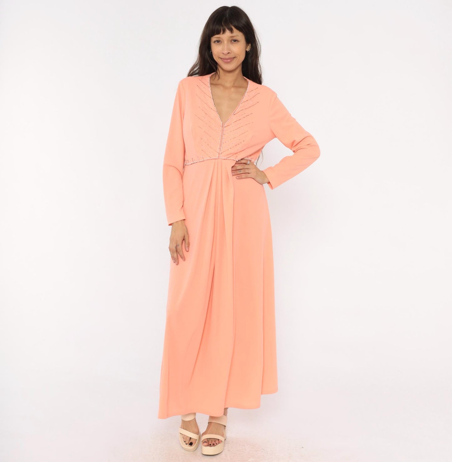 70s Peach Maxi Dress Empire Waist V Neck Beaded Chevron Rhinestone Extra Large