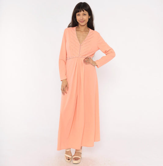 70s Peach Maxi Dress Empire Waist V Neck Beaded Chevron Rhinestone Extra Large
