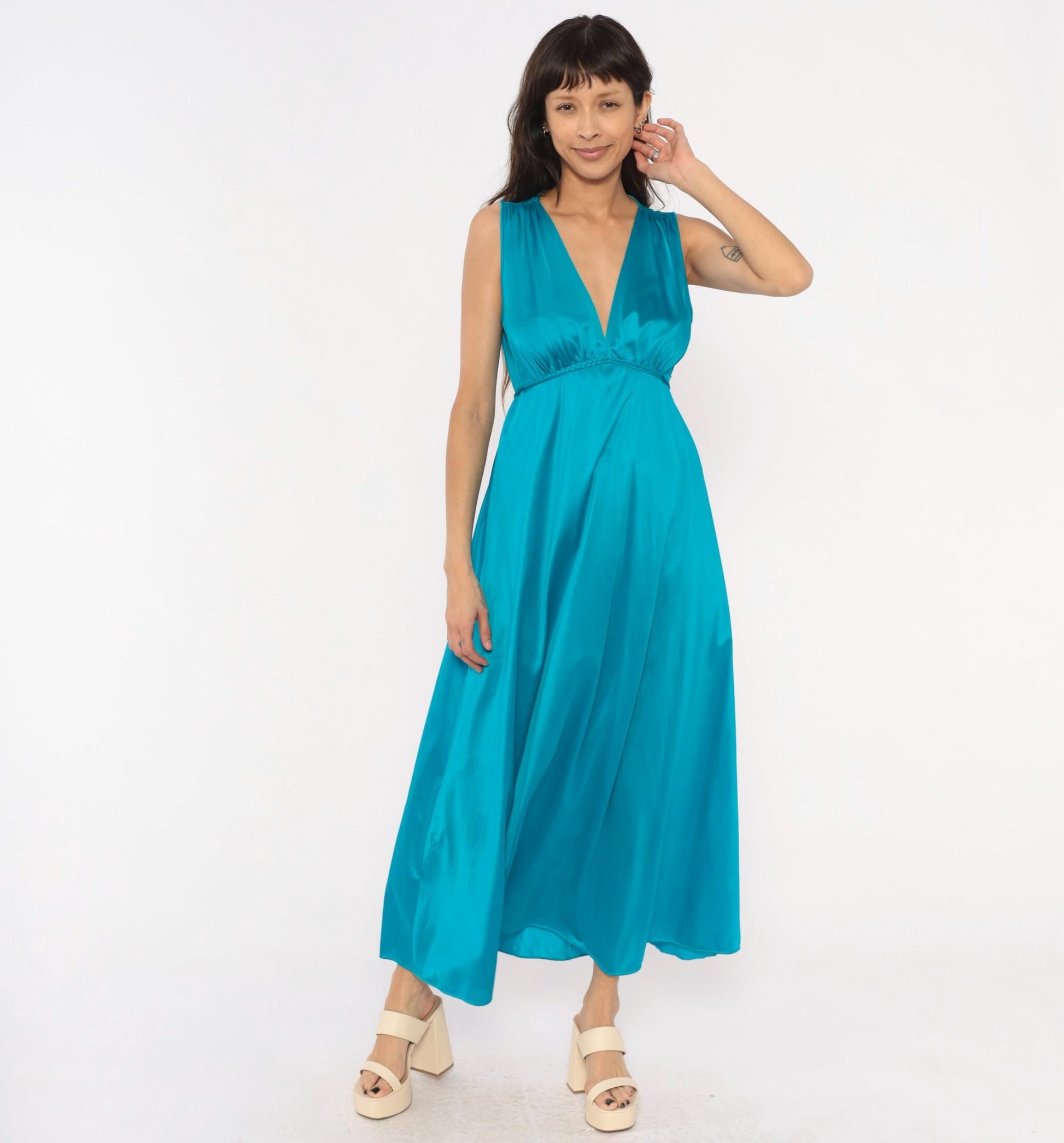 70s Teal Grecian Maxi Dress Deep V Neck Empire Waist Nylon Large L
