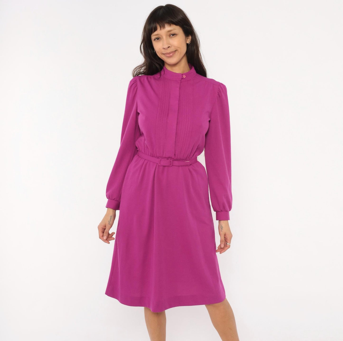 80s JcPenney Magenta Pintuck Dress Puff Sleeve Belted Knee-Length Small