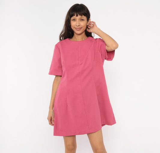 60s Pink Shift Dress A-Line Mini Scoop Neckline Short Sleeve Extra Large