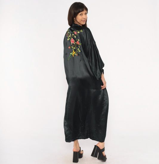 80s Xiangshan Yiyuan Black Silk Kimono Robe Embroidered Floral Maxi Extra Large