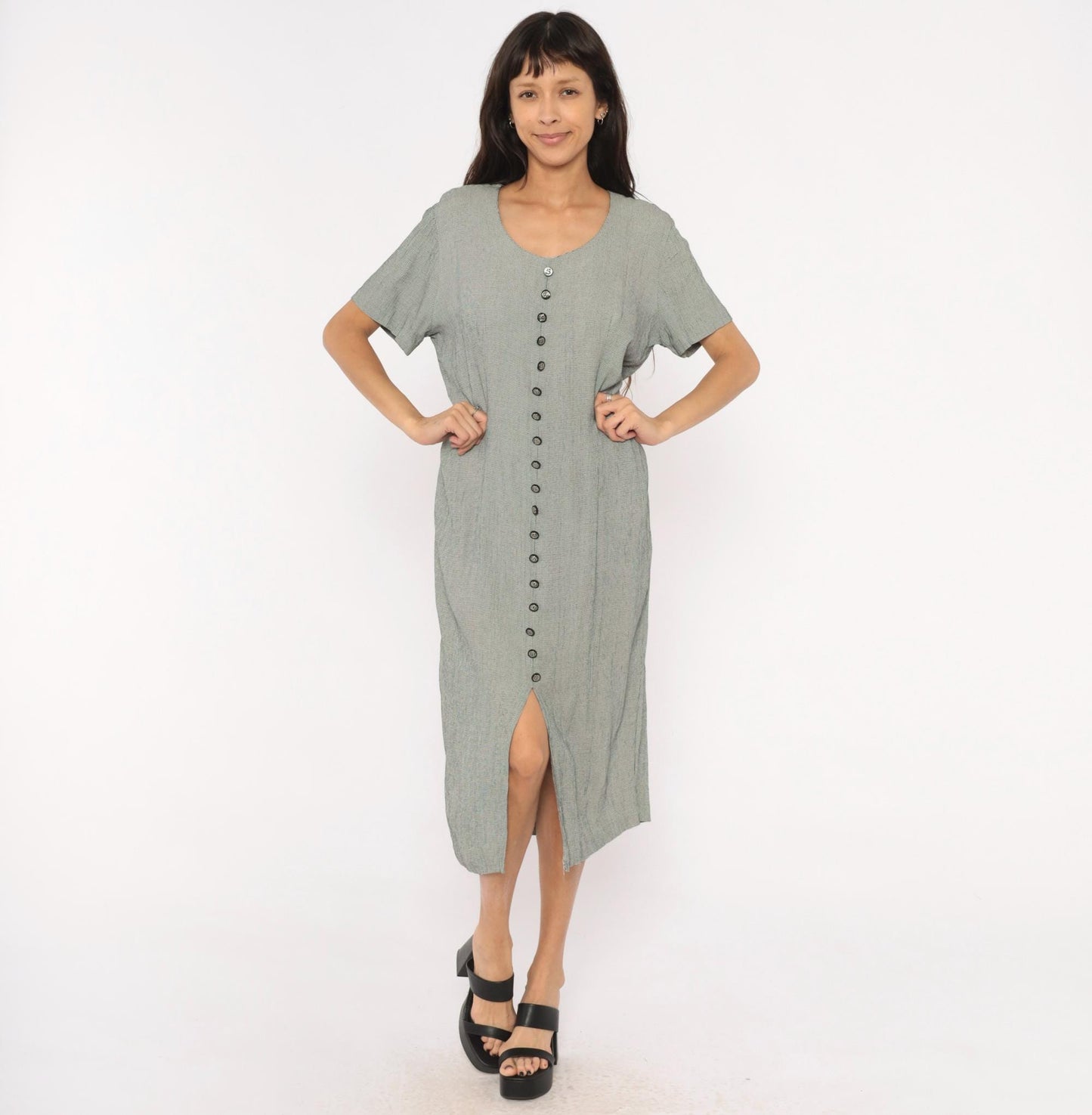 90s Miss Scarlett Houndstooth Midi Dress Button Front Scoop Neck Large L