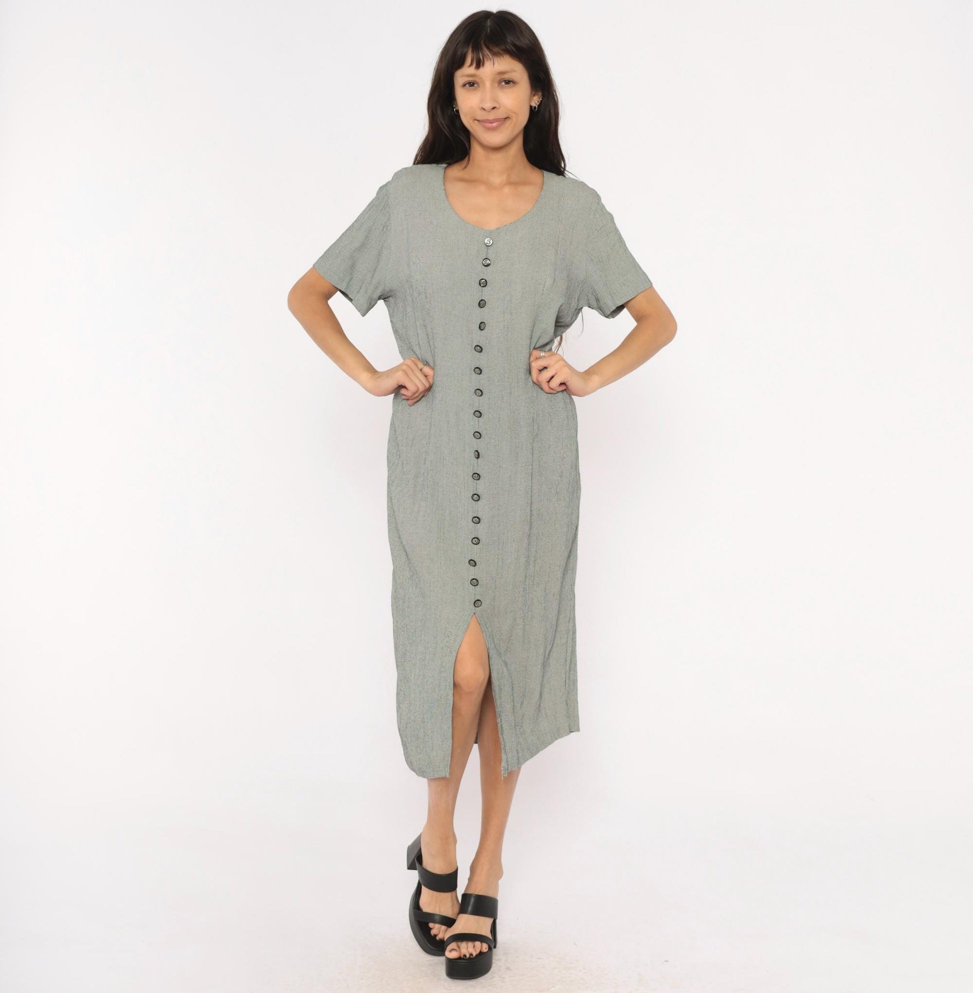 90s Miss Scarlett Houndstooth Midi Dress Button Front Scoop Neck Large L