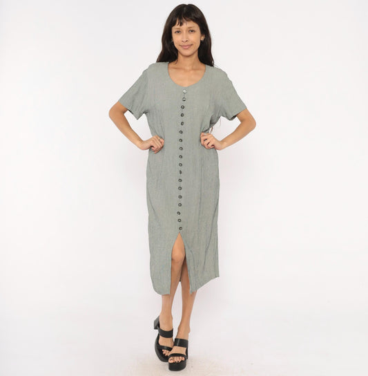 90s Miss Scarlett Houndstooth Midi Dress Button Front Scoop Neck Large L