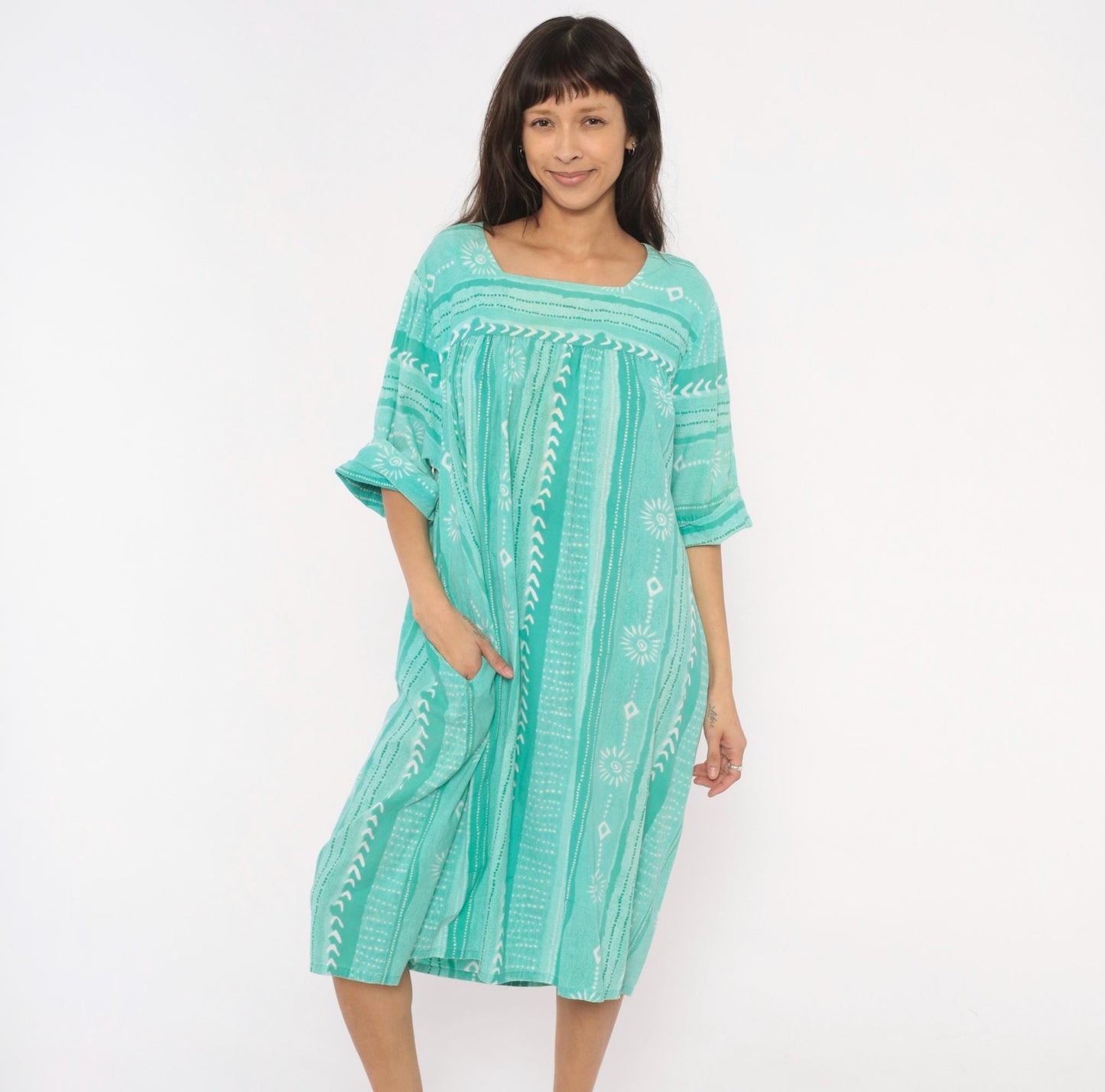 80s Styled By Saybury Teal Block Print Cotton Muumuu Midi Dress Plus Size 1X