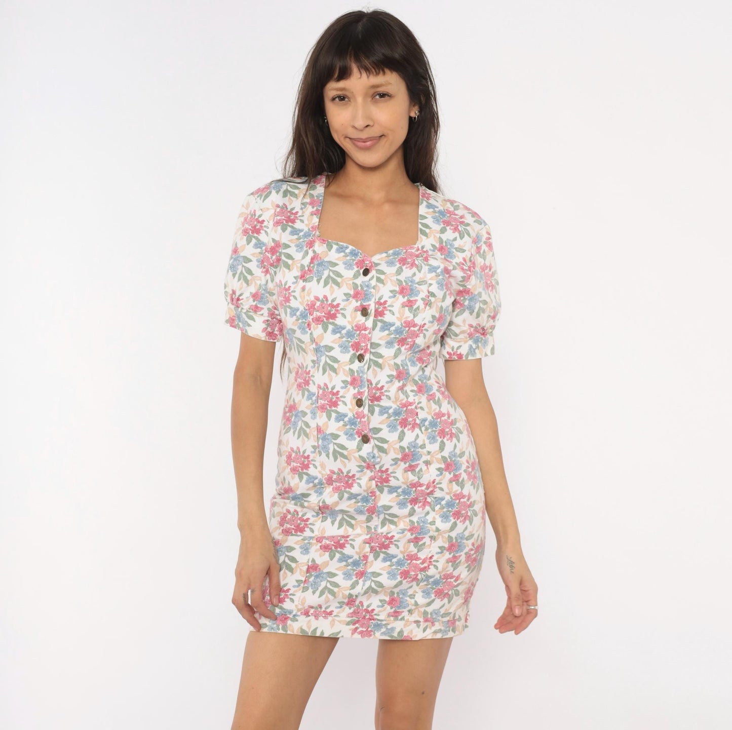 90s Hollywood Blvd Floral Mini Dress Sweetheart Puff Sleeve Cotton Small