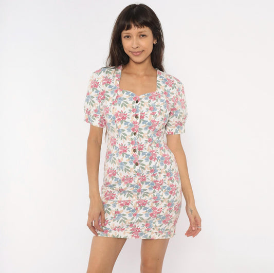 90s Hollywood Blvd Floral Mini Dress Sweetheart Puff Sleeve Cotton Small