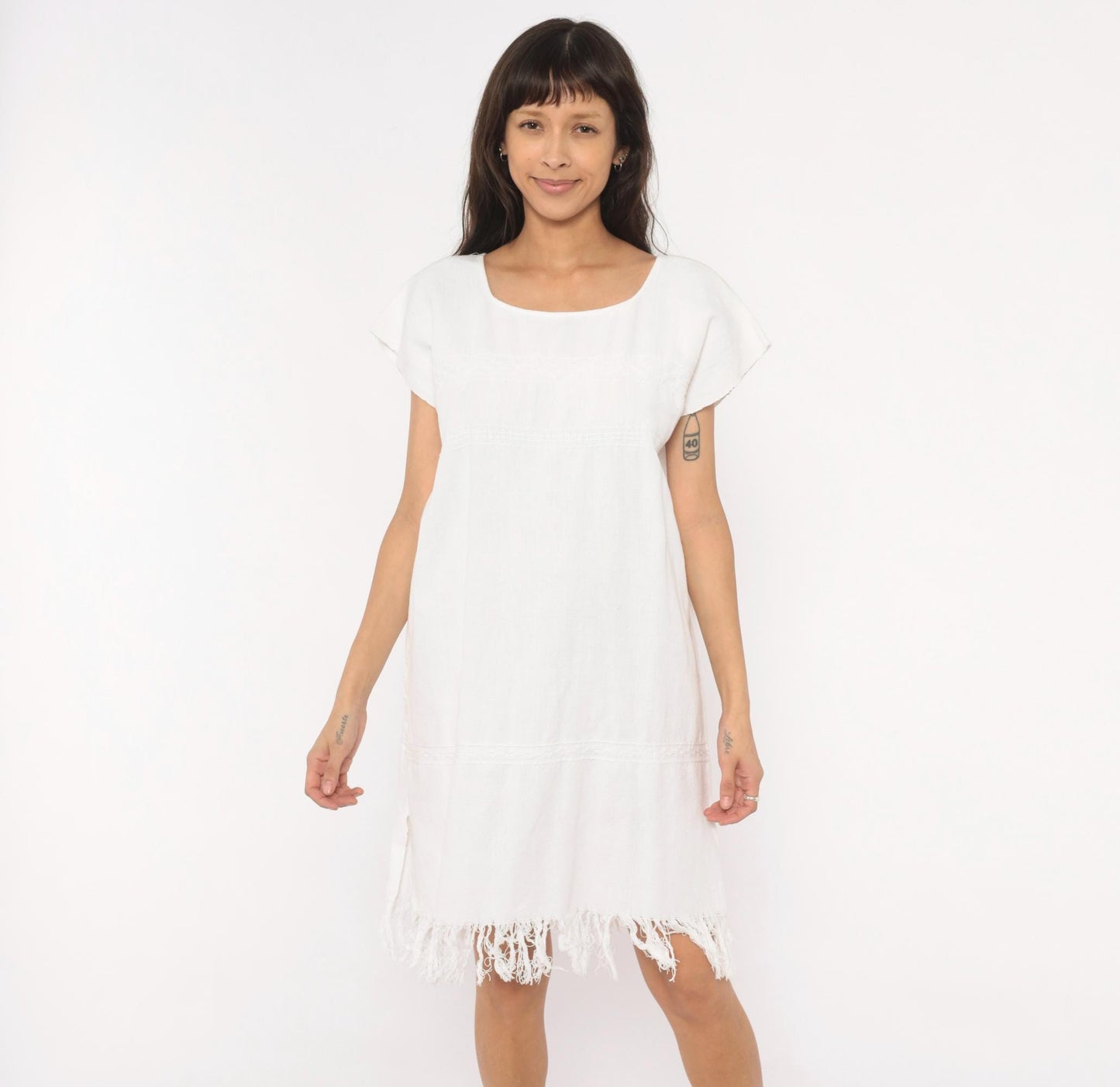 90s Buonarroti White Cotton Handwoven Shift Dress Fringe Hem Medium M