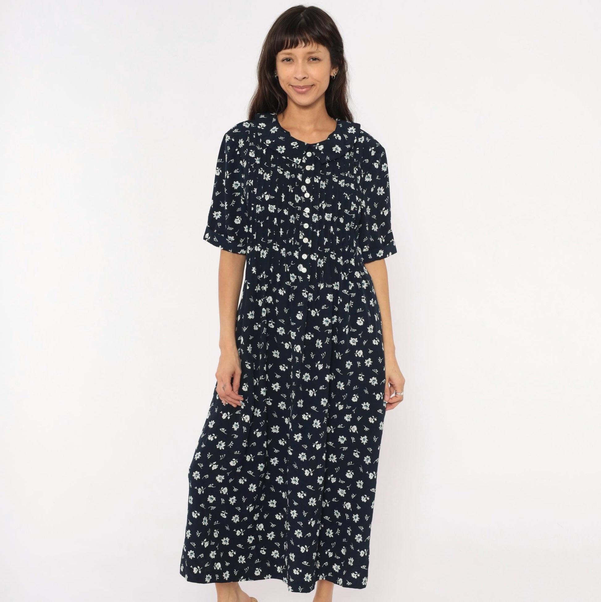 90s Kathie Lee Navy Floral Midi Dress Peter Pan Collar Pintuck Bodice Large L