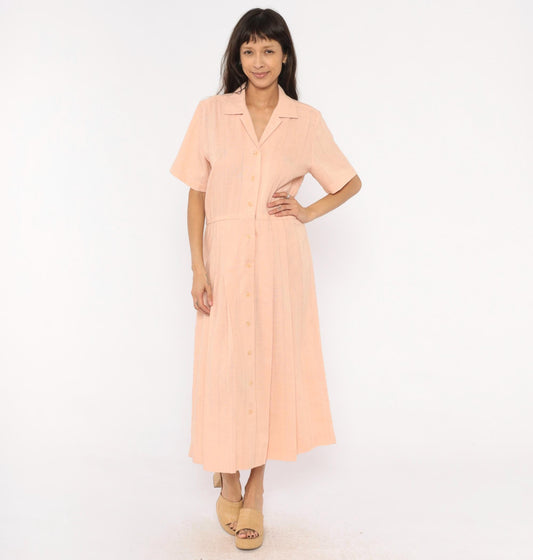 80s Peach Cotton Maxi Shirtdress Camp Collar Pleated Prairie Large L