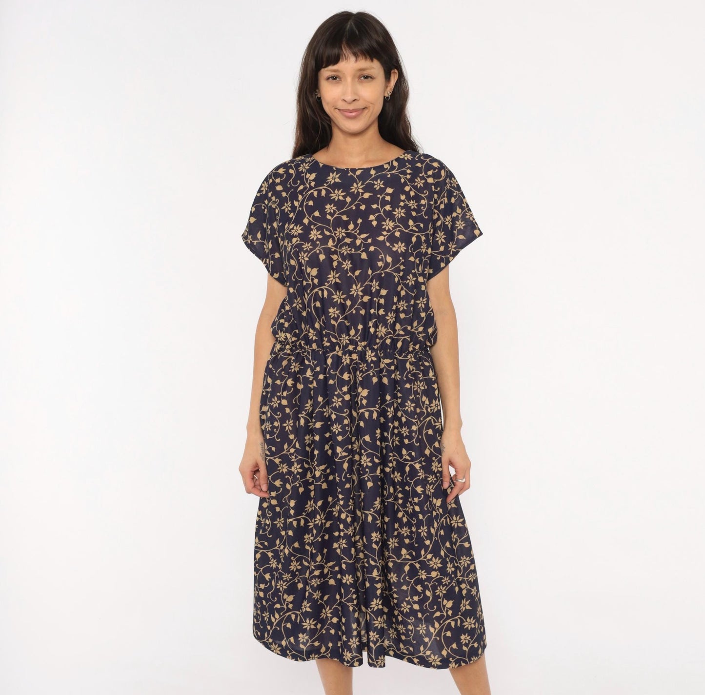 80s Navy Tan Floral Vine Midi Dress Gathered Waist Keyhole Back Extra Large