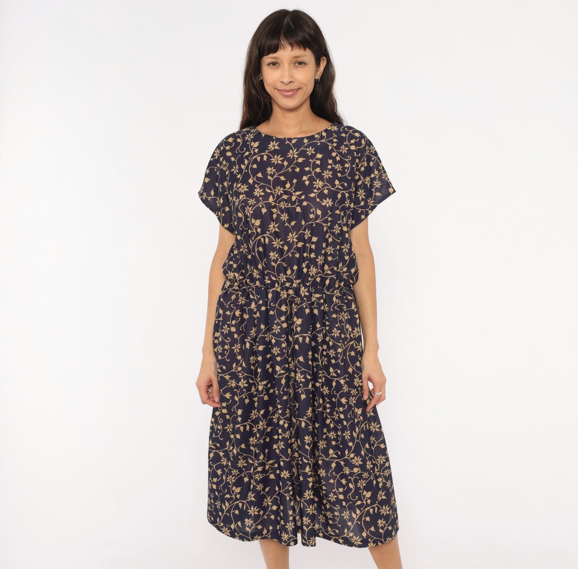 80s Navy Tan Floral Vine Midi Dress Gathered Waist Keyhole Back Extra Large