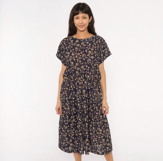 80s Navy Tan Floral Vine Midi Dress Gathered Waist Keyhole Back Extra Large