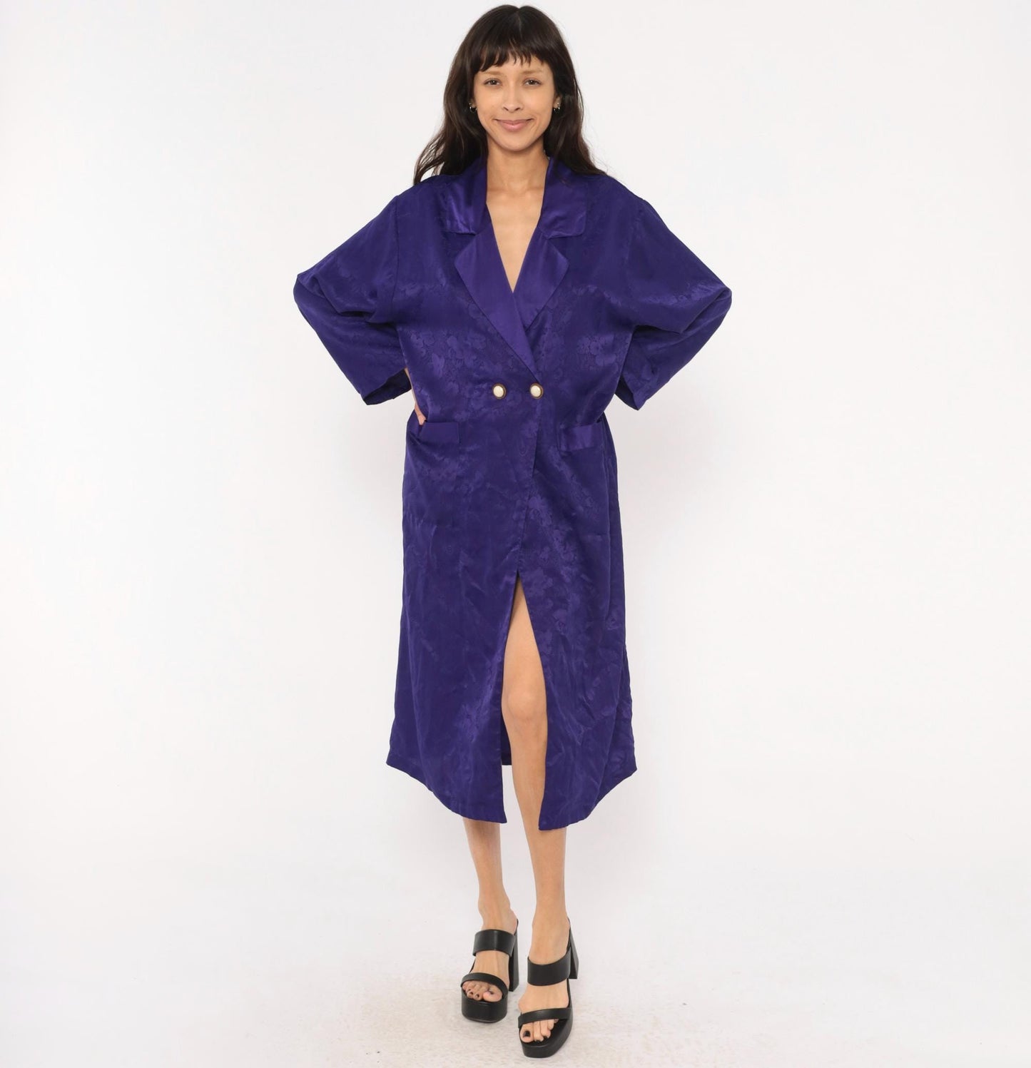 90s Victoria's Secret Purple Jacquard Midi Robe Double Breasted Satin Lapel Small