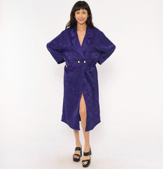 90s Victoria's Secret Purple Jacquard Midi Robe Double Breasted Satin Lapel Small