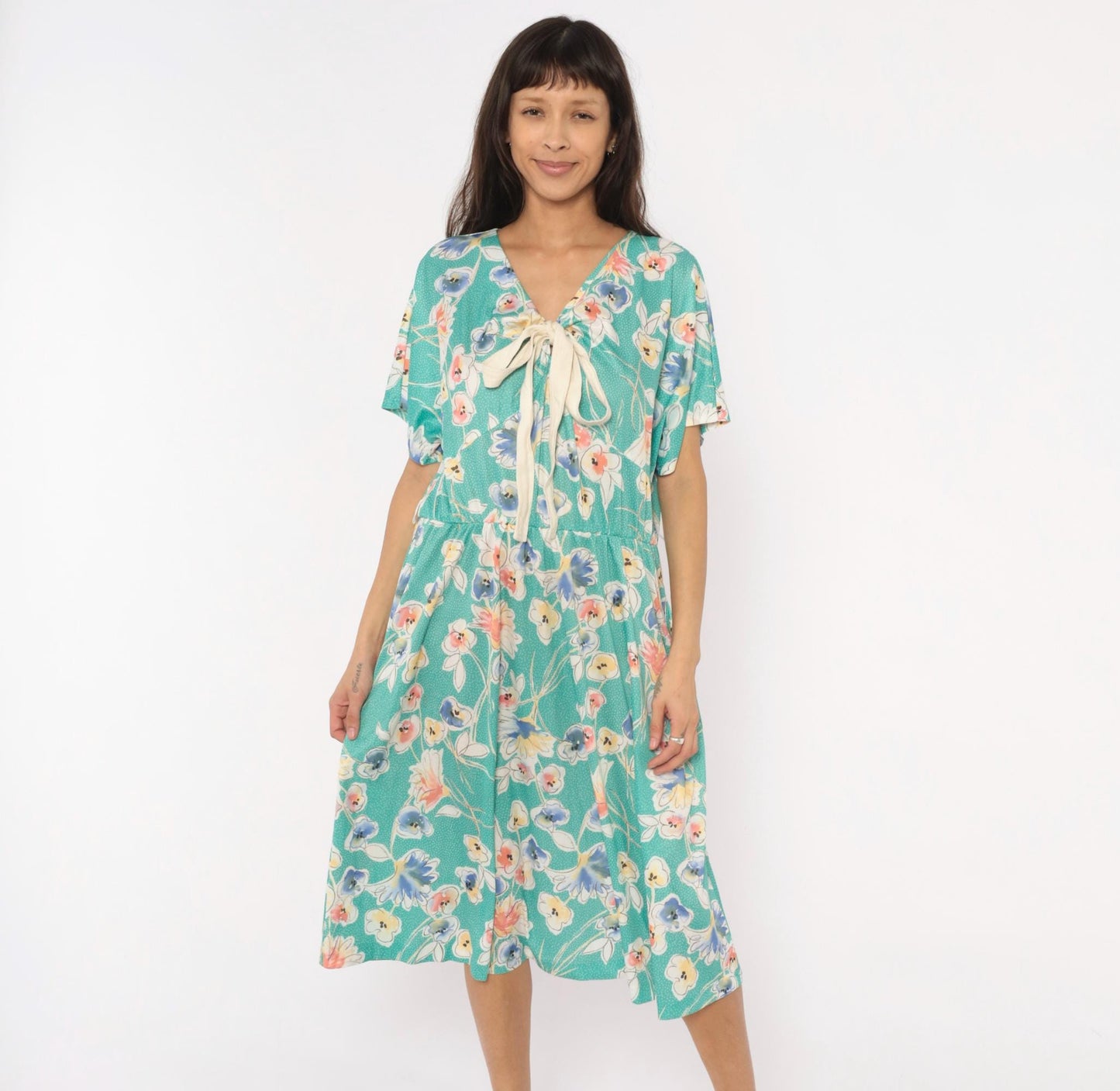 80s Pansy Floral Dress Teal V-Neck Bow Blouson Knee Length Extra Large