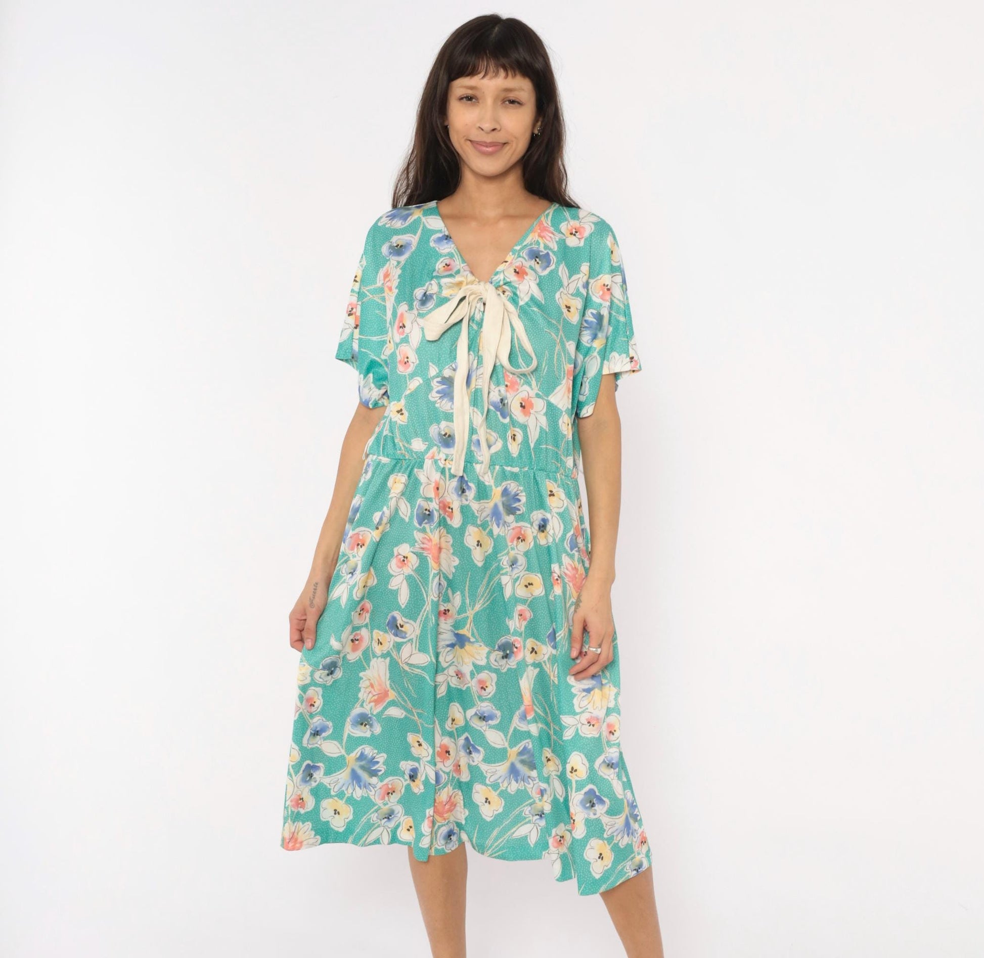 80s Pansy Floral Dress Teal V-Neck Bow Blouson Knee Length Extra Large