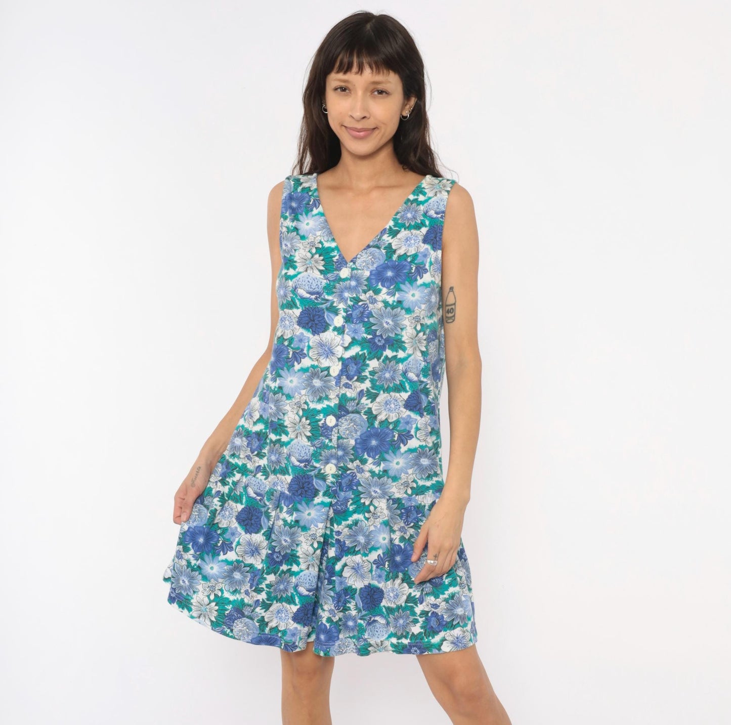 90s Floral Romper Blue Teal White Button Front V Neck Sleeveless Cotton Playsuit Medium M