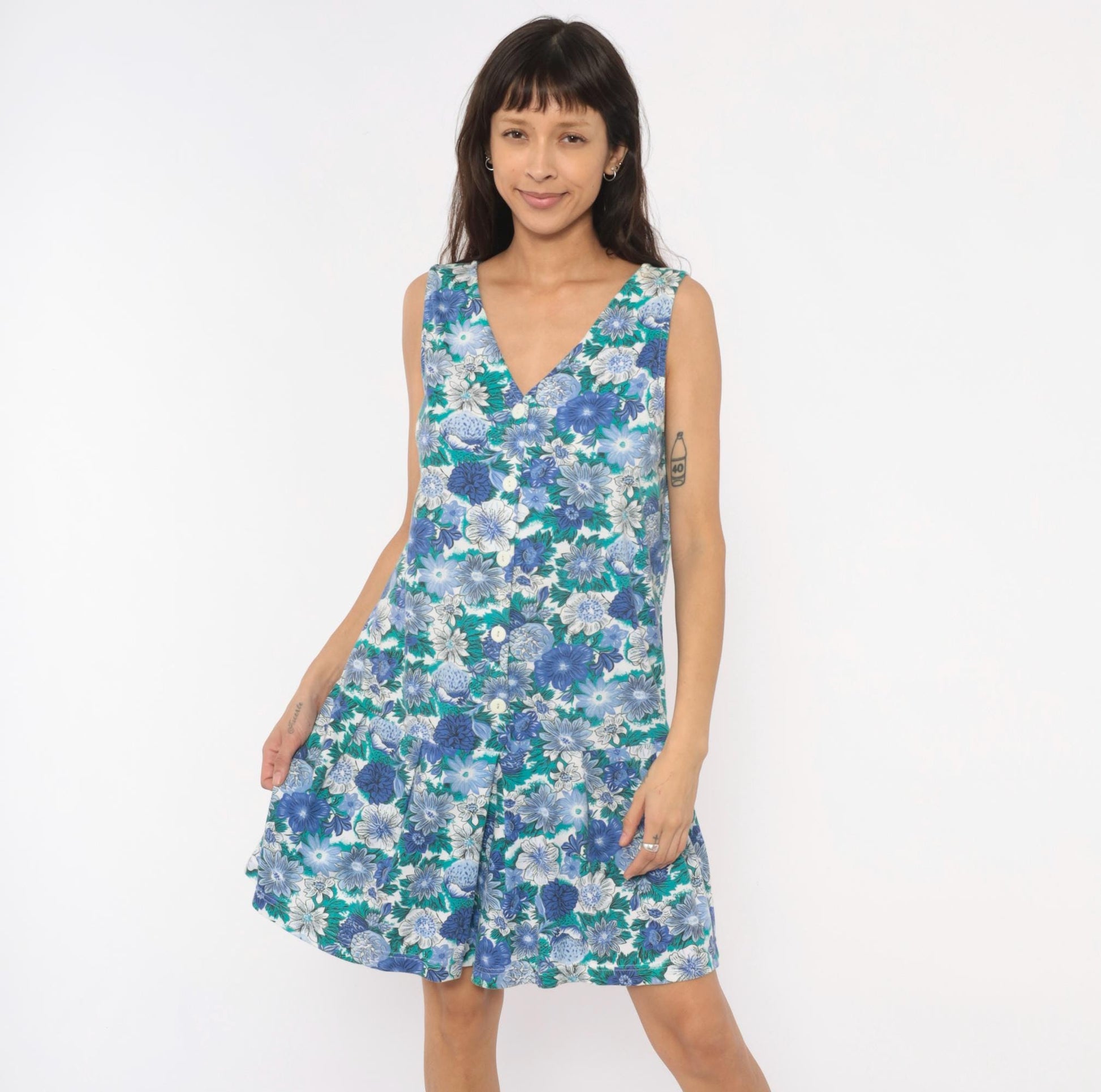 90s Floral Romper Blue Teal White Button Front V Neck Sleeveless Cotton Playsuit Medium M