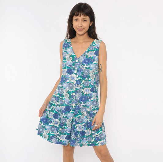 90s Floral Romper Blue Teal White Button Front V Neck Sleeveless Cotton Playsuit Medium M