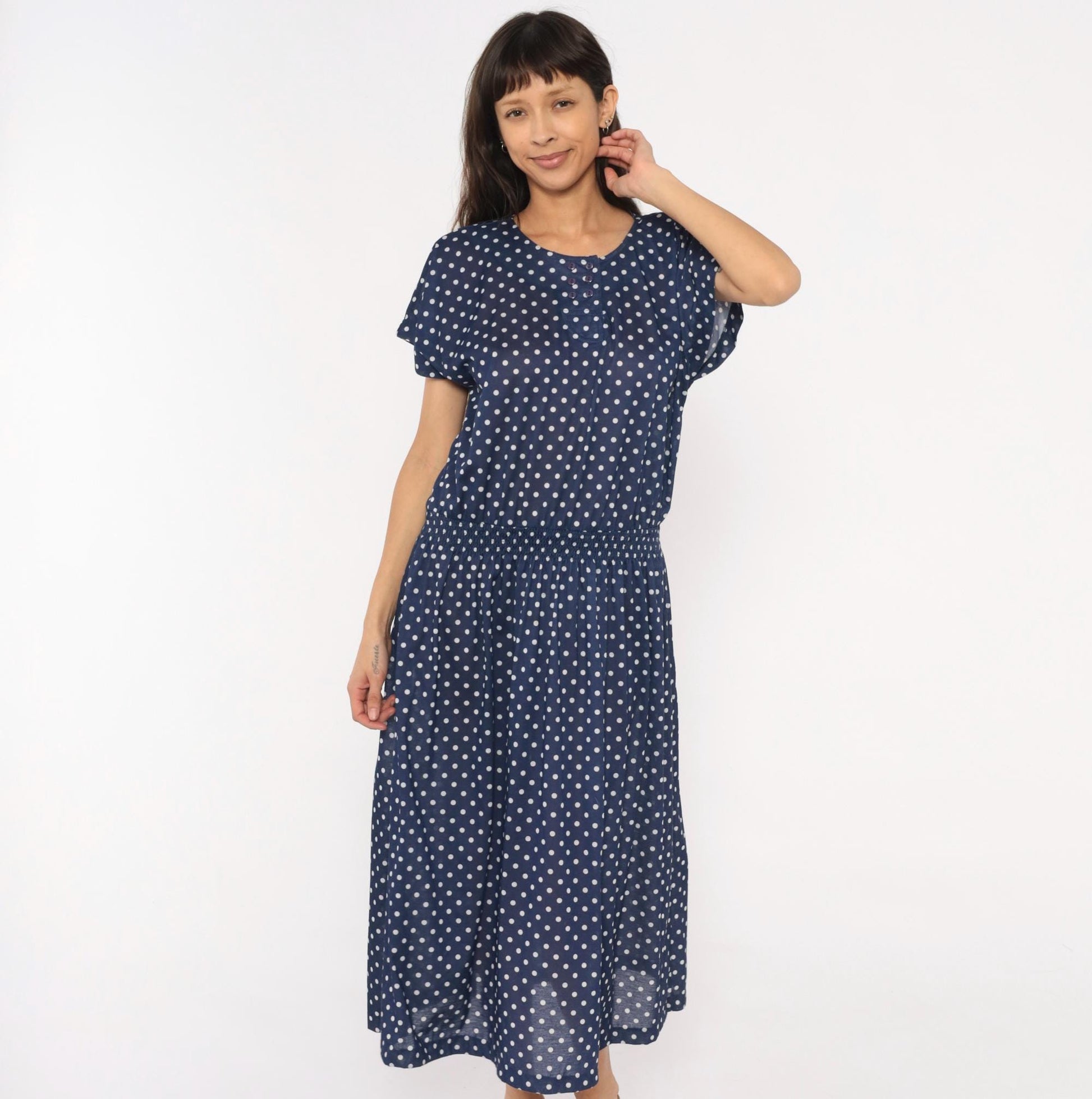 80s Darian Navy White Polka Dot Midi Dress Elastic Waist Short Sleeve Extra Large XL
