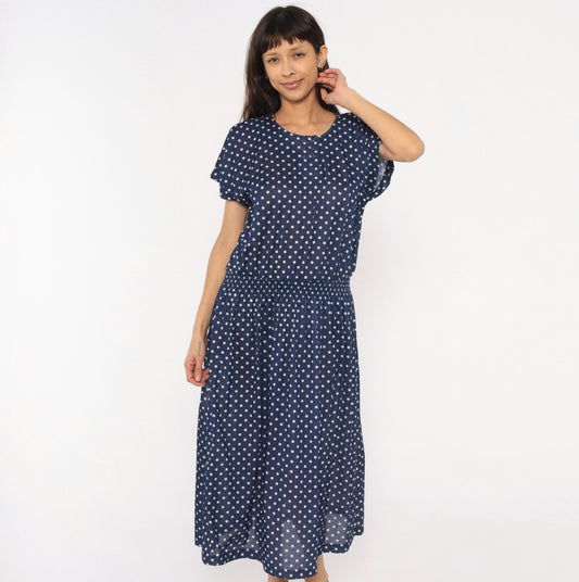 80s Darian Navy White Polka Dot Midi Dress Elastic Waist Short Sleeve Extra Large XL