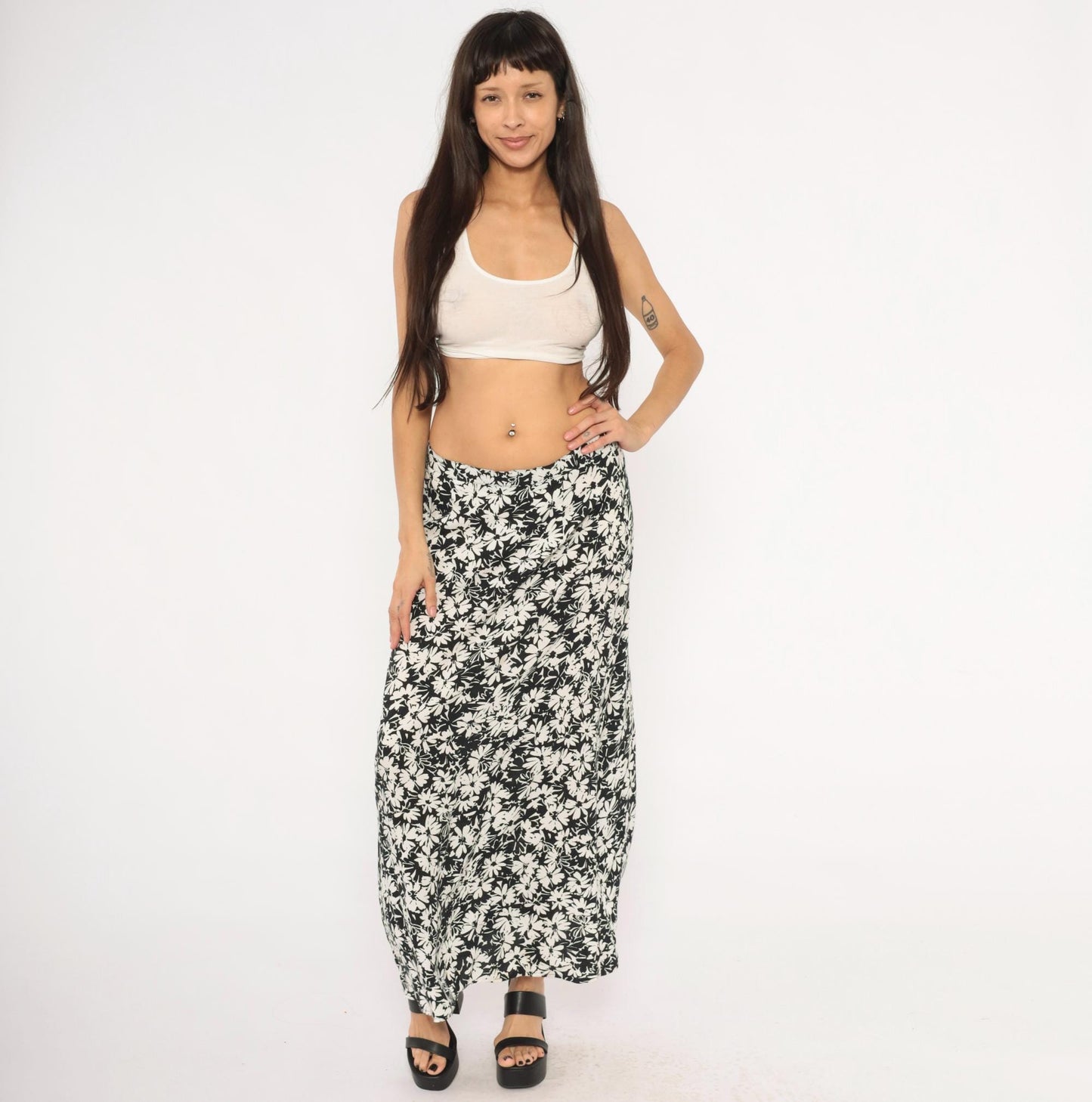Y2K Briggs Black Daisy Floral Maxi Skirt Ivory Cream Medium M
