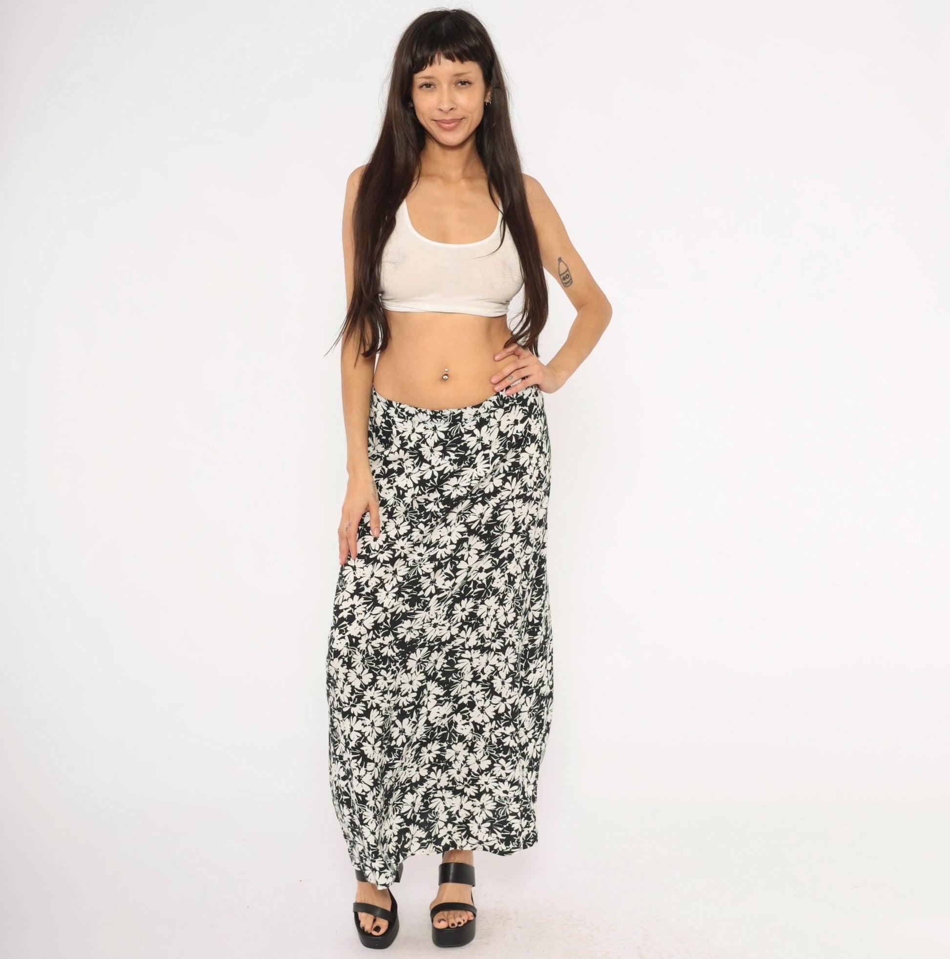 Y2K Briggs Black Daisy Floral Maxi Skirt Ivory Cream Medium M