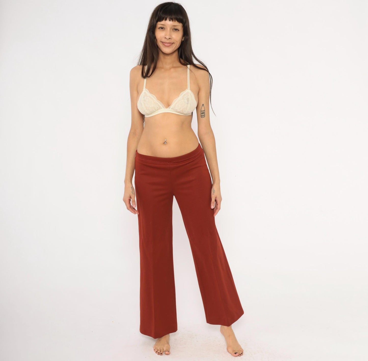 70s Rust Wide Leg Pants Elastic Waist Flare Bottom Pull On Trousers Large L