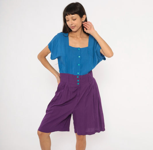 90s Rabbit Jr Color Block Romper Cobalt Blue Plum Purple Medium M