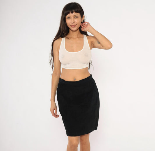90s Black Suede Pencil Skirt High Waist Knee Length Medium M