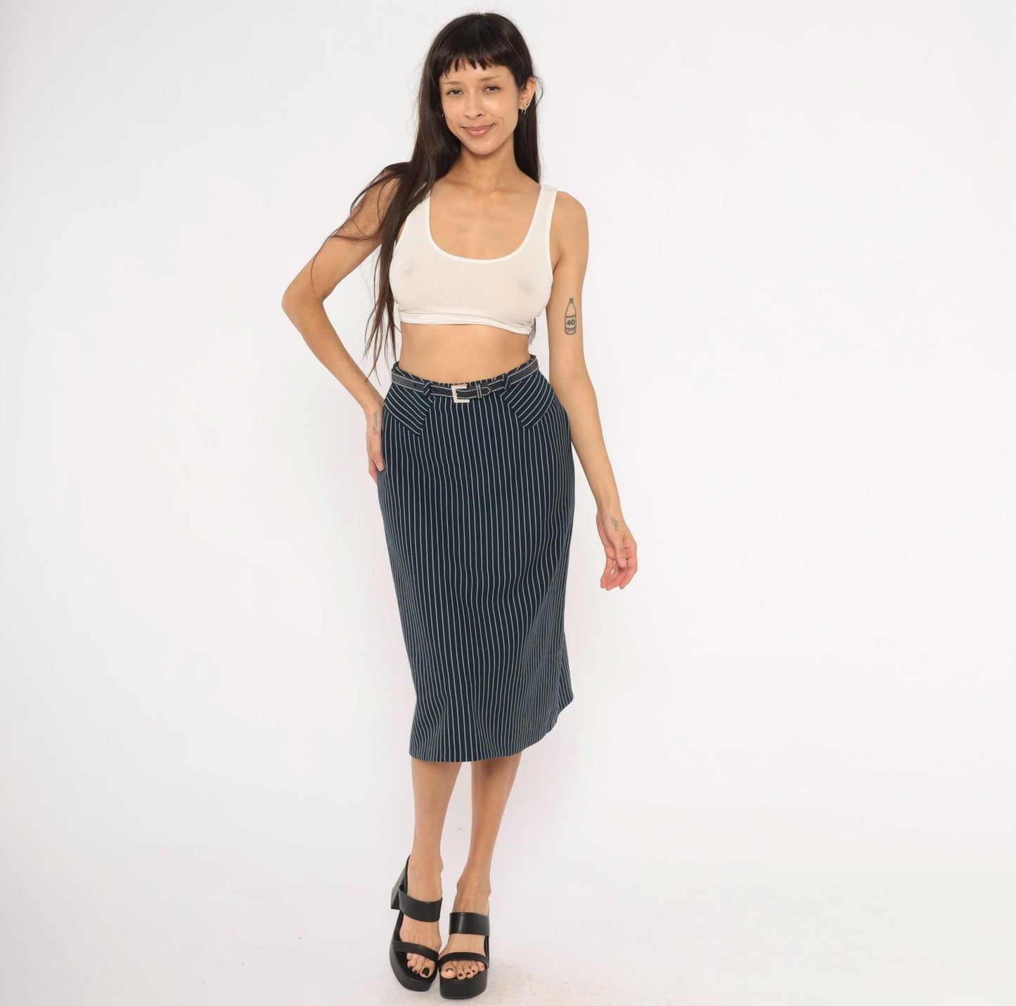70s Jantzen Navy Pinstripe Midi Skirt Belted White Stripe Small S