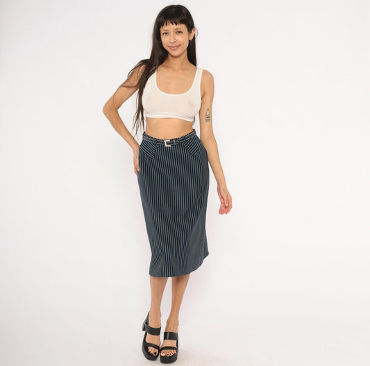 70s Jantzen Navy Pinstripe Midi Skirt Belted White Stripe Small S