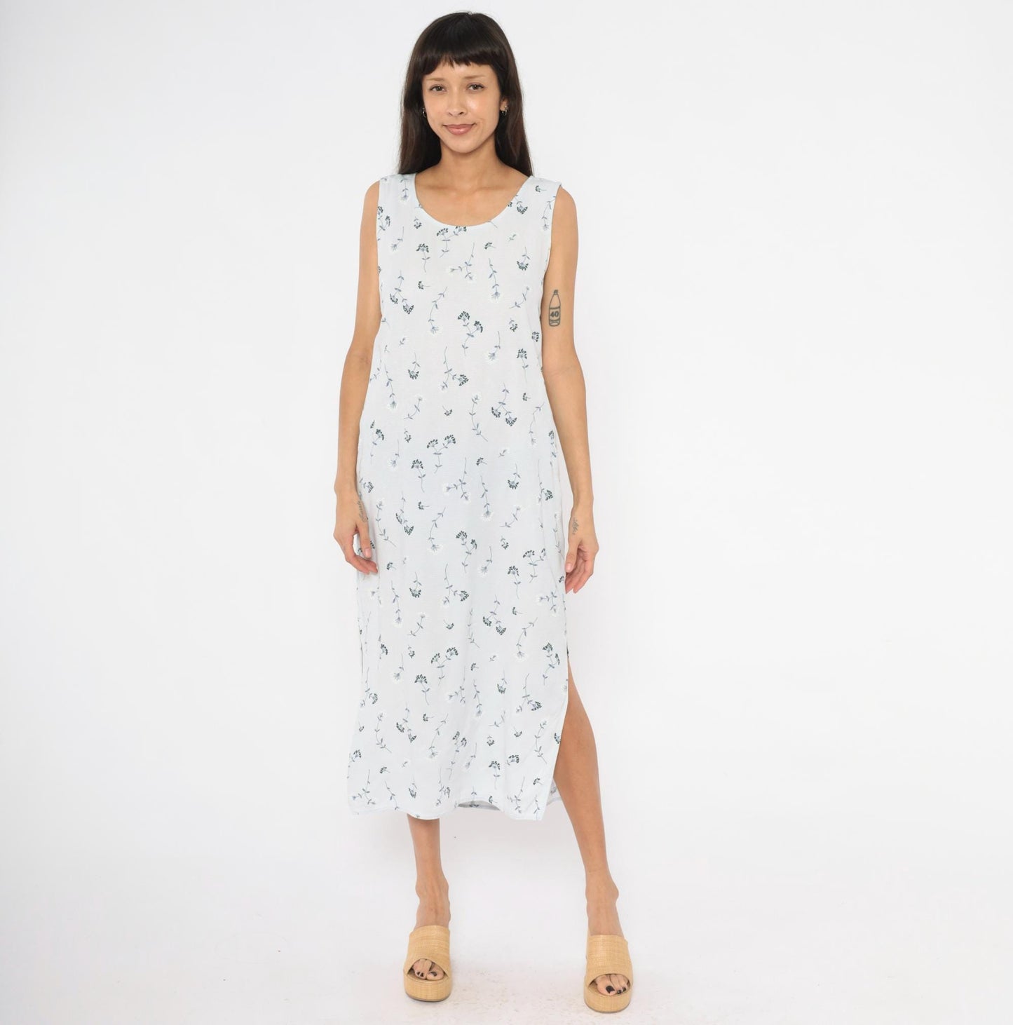 90s Notations Floral Maxi Dress White Navy Wildflower Sleeveless Medium