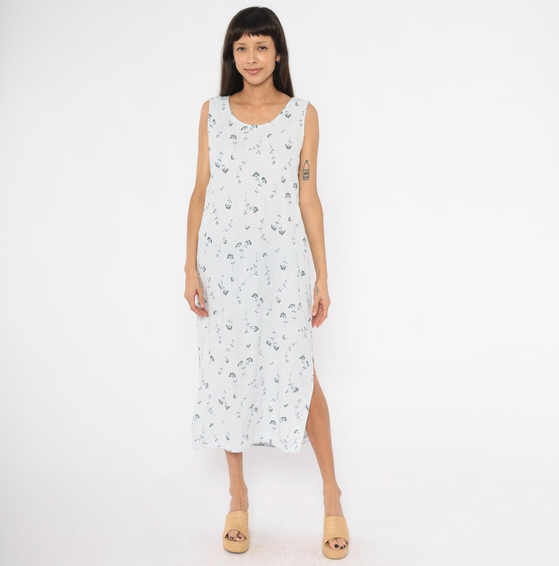 90s Notations Floral Maxi Dress White Navy Wildflower Sleeveless Medium