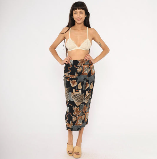 90s Abstract Botanical Wrap Skirt Black Patchwork Midi Small S