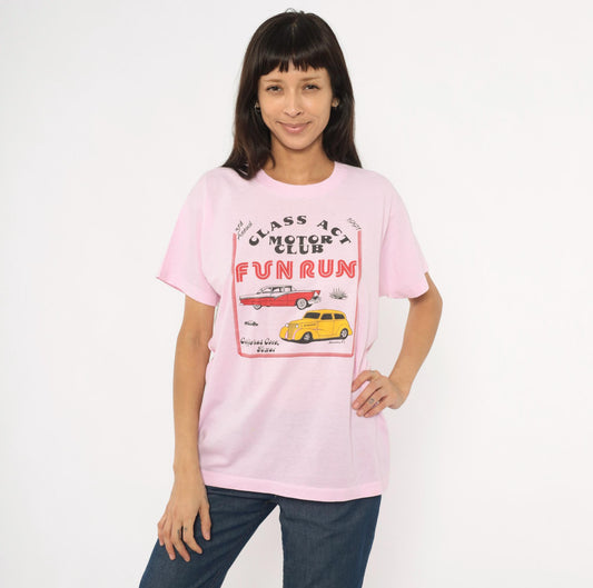 80s Screen Stars Class Act Motor Club Hot Rod Tee Pink Graphic XL