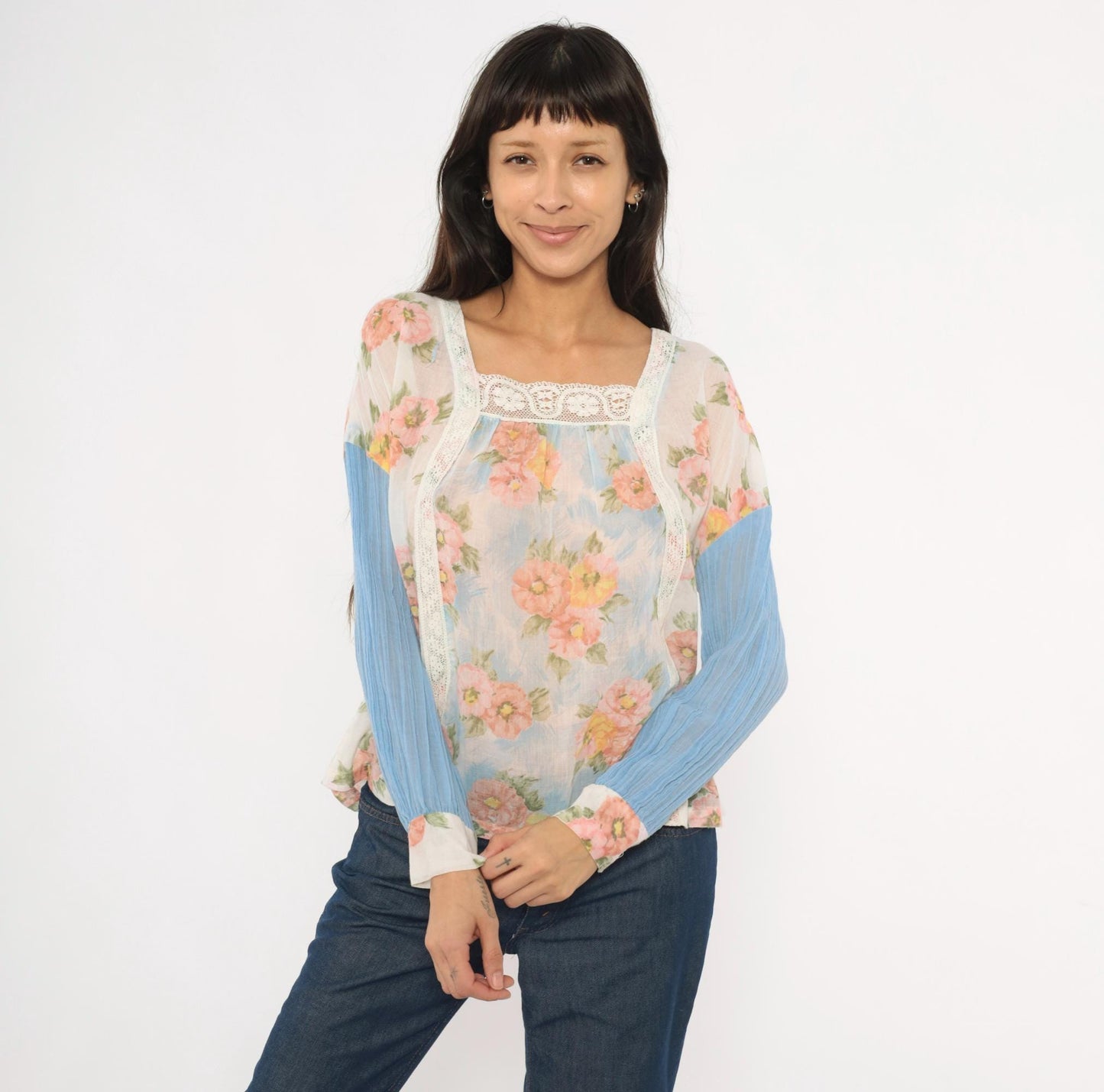 70s Arnelle of California Floral Peasant Blouse Pink Rose Cotton Gauze Medium