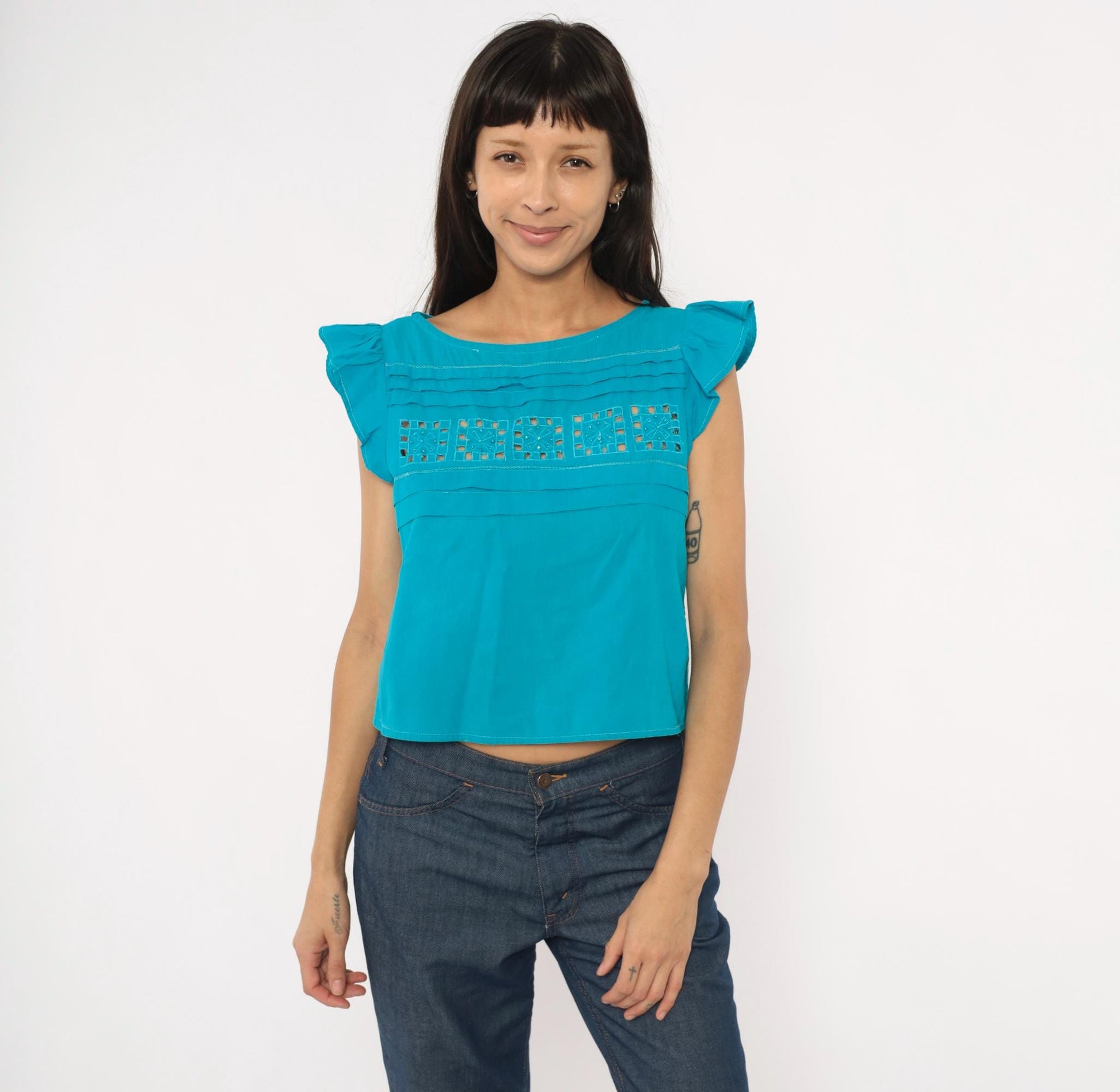 90s Teal Cutwork Cotton Blouse Flutter Cap Sleeve Crop Extra Small XS