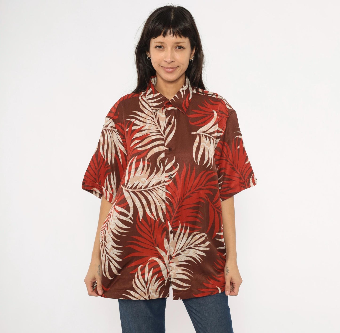 Y2K Havanera Hawaiian Shirt Palm Frond Print Rust Brown Cream Extra Large XL