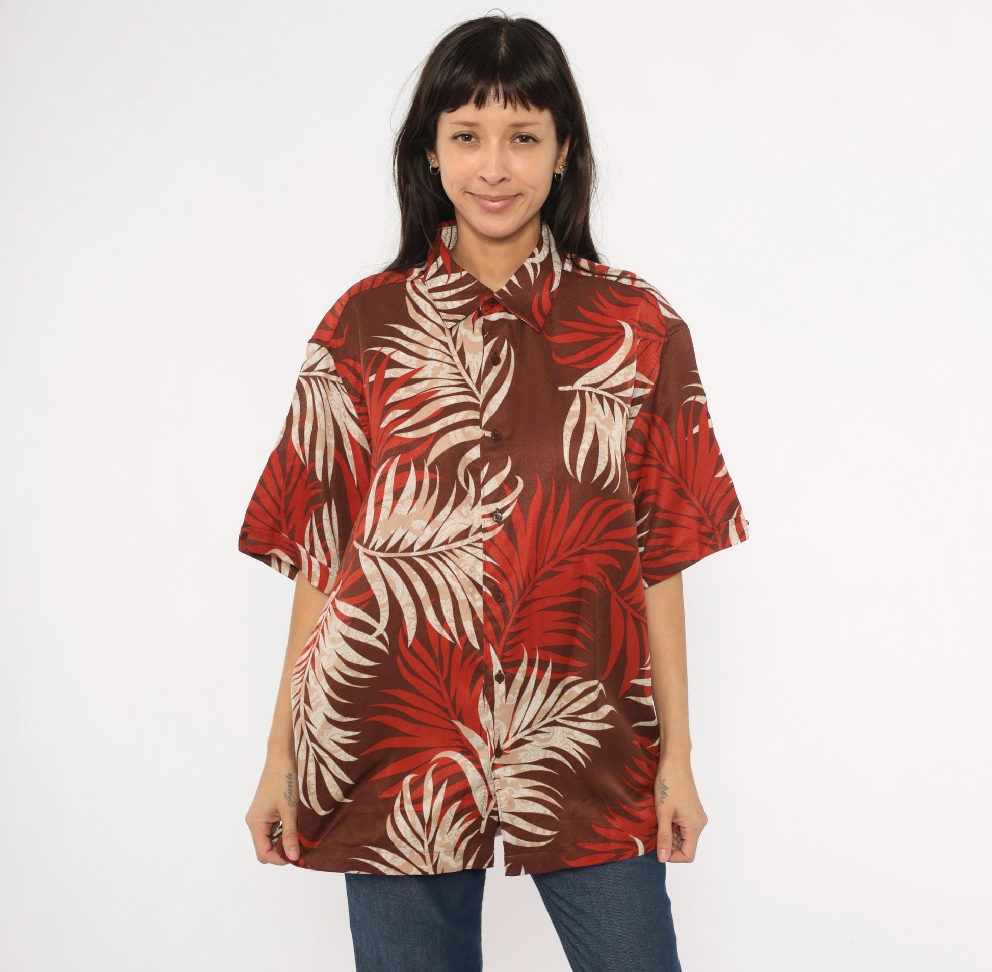 Y2K Havanera Hawaiian Shirt Palm Frond Print Rust Brown Cream Extra Large XL
