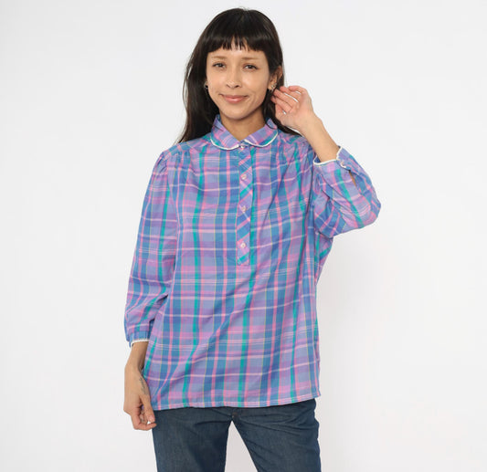 80s Maggie Sweet Plaid Puff Sleeve Blouse Peter Pan Collar Purple Teal Large